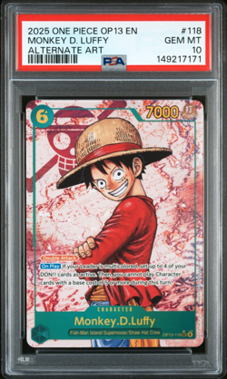 2025 ONE PIECE MONKEY D. LUFFY ALT ART OP13-CARRYING ON HIS WILL #118 PSA 10 - Image 1
