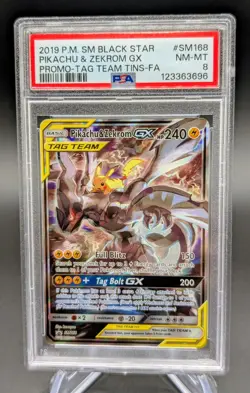 2019 POKEMON SM BLACK STAR PROMO #SM168 PIKACHU & ZEKROM GX PROMO TAG TEAM PSA 8 - Image 1