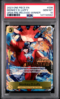 2023 ONE PIECE MONKEY D. LUFFY OP04 PRE-RELEASE-WINNER PROMOS #036 PSA 10 - Image 1