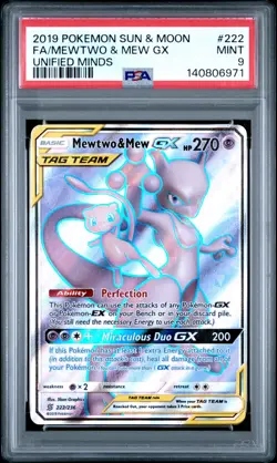 2019 POKEMON SUN & MOON UNIFIED MINDS #222 FULL ART/MEWTWO & MEW GX PSA 9 - Image 1