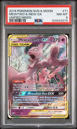2019 POKEMON SUN & MOON UNIFIED MINDS #71 MEWTWO & MEW GX PSA 8 - Image 1
