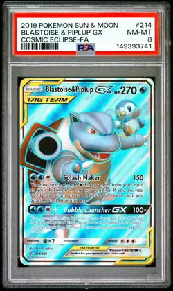 Pokemon PSA 8 GEM Blastoise & Piplup GX 214/236 Cosmic Eclipse FA Holo S#6793 - Image 1