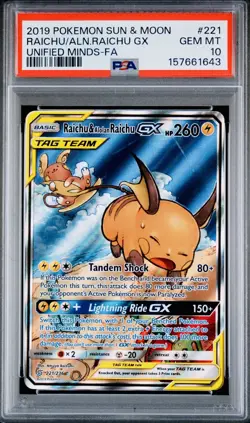 2019 Pokemon Sun & Moon #221 Raichu & Alolan Raichu GX FA - Unified Minds PSA 10 - Image 1