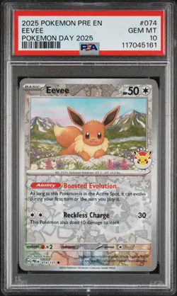 2025 POKEMON PRE EN-PRISMATIC EVOLUTIONS POKEMON DAY 2025 #074 EEVEE PSA 10 - Image 1