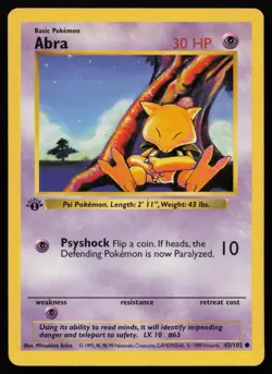 Abra 43/102 1st Edition Common Base Set Shadowless Pokemon English MP - Image 1