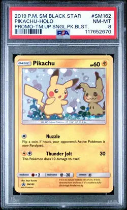 POKEMON TEAM UP BLACK STAR PROMO PIKACHU #SM162 HOLO PSA 8 NM #117652670 (SWIRL) - Image 1