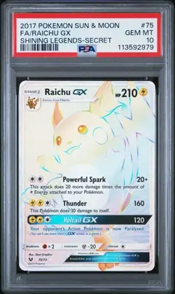 Pokemon Raichu GX Shining Legends Secret Rare Full Art #75 PSA 10 Gem Mint - Image 1