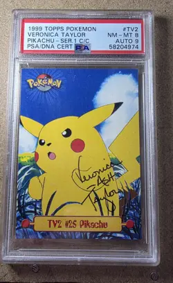 Pokemon 1999 Topps Pikachu Veronica "Ash" Taylor Signed Dual Graded PSA 8-PSA 9 - Image 1