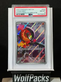 2025 Pokemon MEP EN Phantasmal Flames ETB - Charcadet #022 Black Star Holo PSA 8 - Image 1
