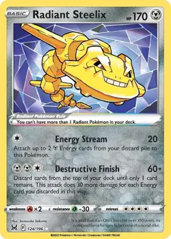 Radiant Steelix 124/196 Radiant Rare SWSH11: Lost Origin Pokemon Card - Image 1