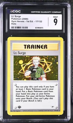 CGC 9 MINT Lt. Surge 17/132 Gym Heroes 1st Edition Holo Pokemon Card - Image 1