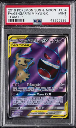2019 POKEMON SUN & MOON TEAM UP #164 FULL ART/GENGAR & MIMIKYU GX PSA 9 - Image 1