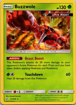 Buzzwole 21/236 Holo Rare Cosmic Eclipse Pokemon Holo Near Mint - Image 1