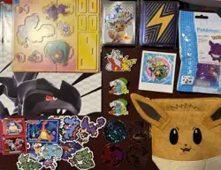Pokemon TCG Miscellaneous Items Bulk Lot; Stickers,Pins, Sleeves,Eevee Pouch Etc - Image 1