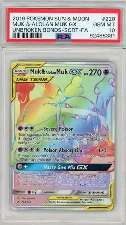 2019 POKEMON SUN & MOON UNBROKEN BONDS #220 FULL ART/MUK & ALOLAN MUK GX PSA 10 - Image 1