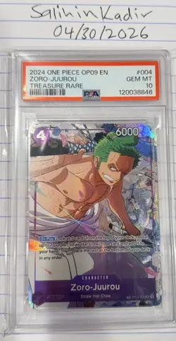 Bandai Zoro-Juurou #004 OP09 Treasure Rare Foil PSA 10 One Piece CCG EN 2024 - Image 1