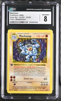 Pokemon CGC 8 First Edition Shadowless Machamp 8/102 Holo Base Set Pokemon Card - Image 1