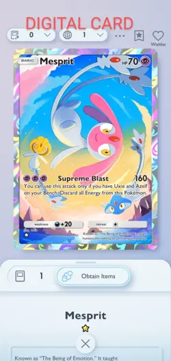 Pokemon Pocket Mobile Game Space Time Smackdown Mesprit ☆Rare Digital Trade Card - Image 1