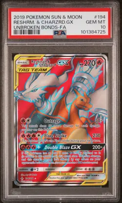 PSA 10 GEM MINT Reshiram & Charizard GX 194/214 FULL ART Pokemon - Image 1