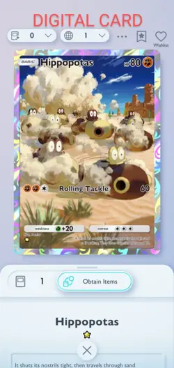 Pokemon Pocket Mobile Game Space Time Smackdown Set Hippopotas ☆ Rare Digital - Image 1