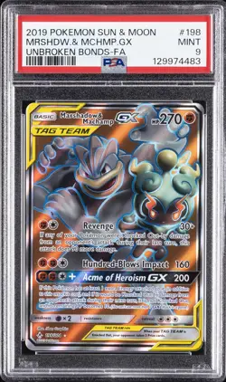 2019 POKEMON SUN & MOON UNBROKEN BONDS FULL ART/MARSHADOW & MACHAMP GX PSA 9 - Image 1