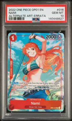 2022 ONE PIECE OP01-ROMANCE DAWN ALTERNATE ART-ERRATA #016 NAMI PSA 10 - Image 1