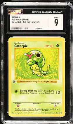CGC 9 MINT Caterpie 45/102 1st Edition Shadowless Base Set Pokemon Card - Image 1