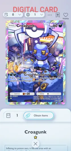 Pokemon Pocket Mobile Game Space Time Smackdown Set Croagunk ☆ Rare Digital Card - Image 1