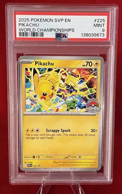2025 POKEMON SVP EN-SV BLACK STAR PROMO WORLD CHAMPIONSHIPS #225 PIKACHU PSA 9 - Image 1