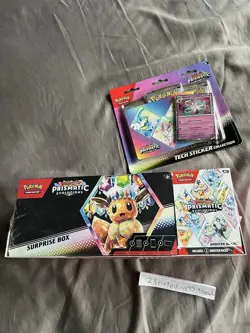 Pokemon Prismatic Evolutions Surprise Box Booster Bundle Sam’s w/ Tech Sticker - Image 1