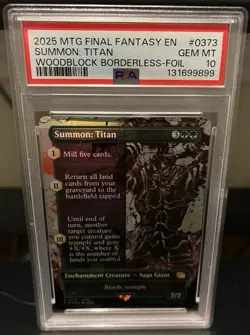2025 MTG FINAL FANTASY WOODBLOCK BORDERLESS-FOIL #0373 SUMMON: TITAN PSA 10 - Image 1