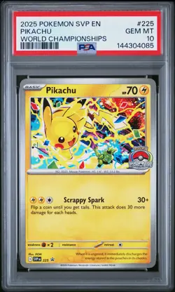 2025 POKEMON SVP EN-SV BLACK STAR PROMO WORLD CHAMPIONSHIPS #225 PIKACHU PSA 10 - Image 1