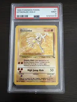 1999 POKEMON FOSSIL #7 HITMONLEE-HOLO PSA 9 UNLIMITED - Image 1