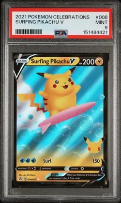 2021 POKEMON CELEBRATIONS #008 SURFING PIKACHU V PSA 9 - Image 1