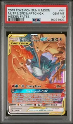 2019 POKEMON SUN & MOON HIDDEN FATES #44 MOLTRES & ZAPDOS & ARTICUNO GX PSA 10 - Image 1