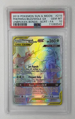 2019 POKEMON UNBROKEN BONDS PHEROMOSA & BUZZWOLE GX #215 SECRET RARE PSA 10 GEM - Image 1