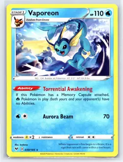 2020 Pokemon TCG Vivid Voltage Regular Rare Vaporeon 30/185 NM - Image 1