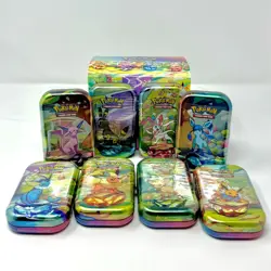 Pokemon TCG Prismatic Evolutions SV 8.5 8 SEALED Tins Art Set w/ Opened Display - Image 1