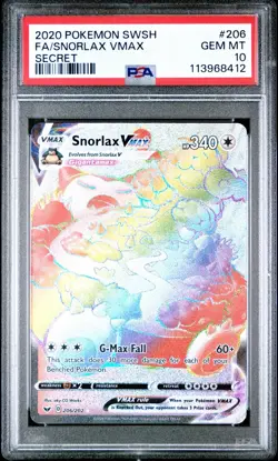 2020 POKEMON SWORD & SHIELD SECRET #206 FULL ART SNORLAX RAINBOW VMAX PSA 10 - Image 1