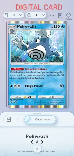Pokemon Pocket Mobile Game Genetic Apex Set Poliwrath ◇◇◇Rare Digital Trade Card - Image 1