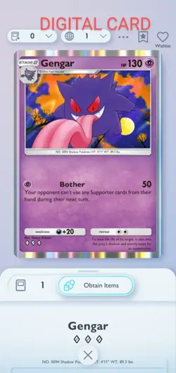 Pokemon Pocket Mobile Game Genetic Apex Set Gengar ◇◇◇ Rare Digital Trade Card - Image 1