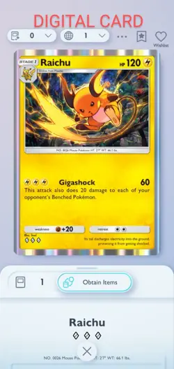 Pokemon Pocket Mobile Game Genetic Apex Set Raichu ◇◇◇ Rare Digital Trade Card - Image 1