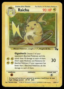 Pokemon Cards Raichu 14/62 Unlimited Holo Fossil Holo Rare DMG - Image 1