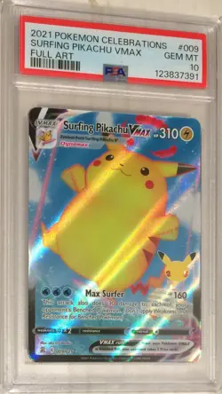 2021 Pokemon SWSH Celebrations PSA 10 Surfing Pikachu VMAX FULL ART Holo #009 - Image 1