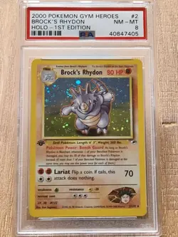 Brock's Rhydon *Holo Swirl* 1st Edition PSA8 Pokemon Card - Gym Heroes #2/132 - Image 1