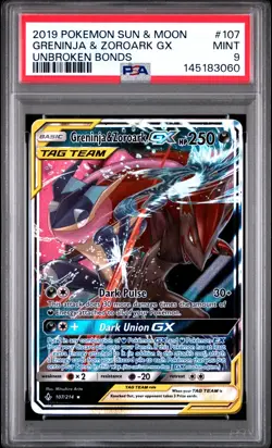 2019 Pokemon Sun & Moon Unbroken Bonds Greninja & Zoroark GX #107 PSA 9 MINT - Image 1