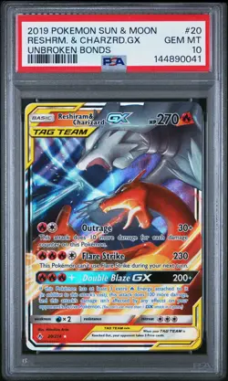2019 POKEMON SUN & MOON UNBROKEN BONDS #20 RESHIRAM & CHARIZARD GX PSA 10 - Image 1