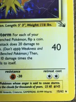 Zapdos 15/62 Fossil Rare Holo Pokemon Card. - Image 4