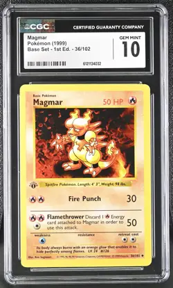 CGC 10 GEM MINT Magmar 1999 Base Set Shadowless 1st Edition 36/102 Pokemon Card - Image 1