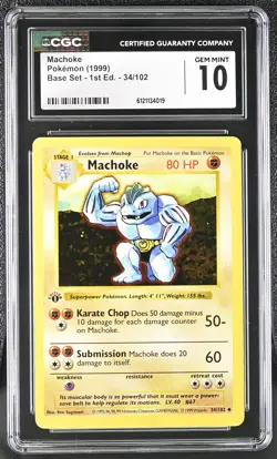 CGC 10 GEM MINT Machoke 1999 Base Set Shadowless 1st Edition 34/102 Pokemon Card - Image 1